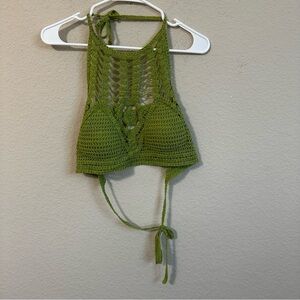 Sans Souci Top Green Crochet Halter Crop Padded Tie Back Boho Hippie Festival